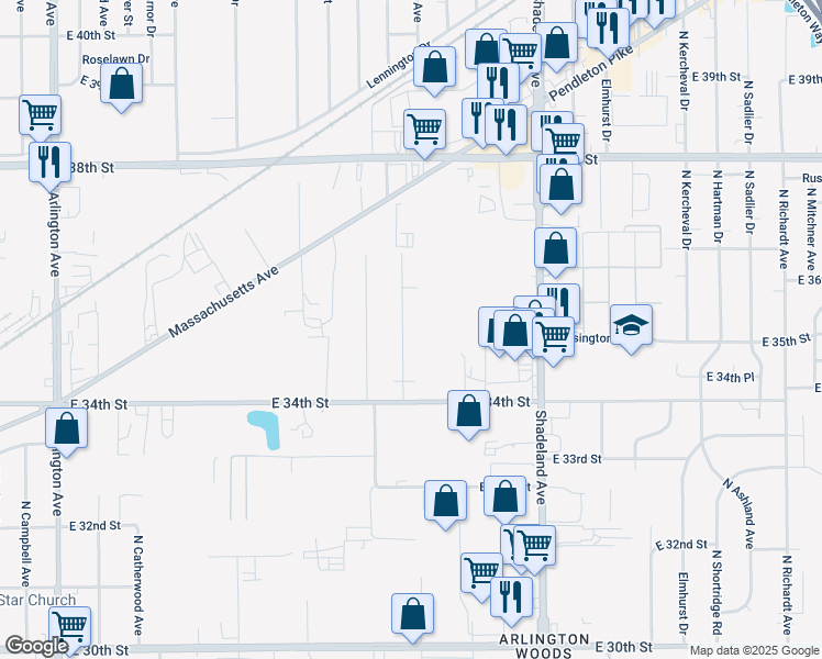 map of restaurants, bars, coffee shops, grocery stores, and more near 3449 North Edmondson Avenue in Indianapolis