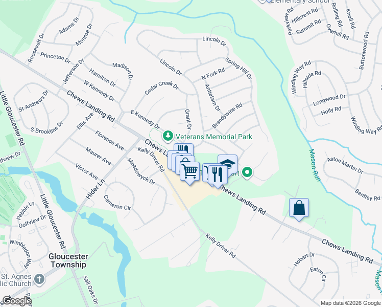 map of restaurants, bars, coffee shops, grocery stores, and more near 1 Lincoln Drive in Laurel Springs