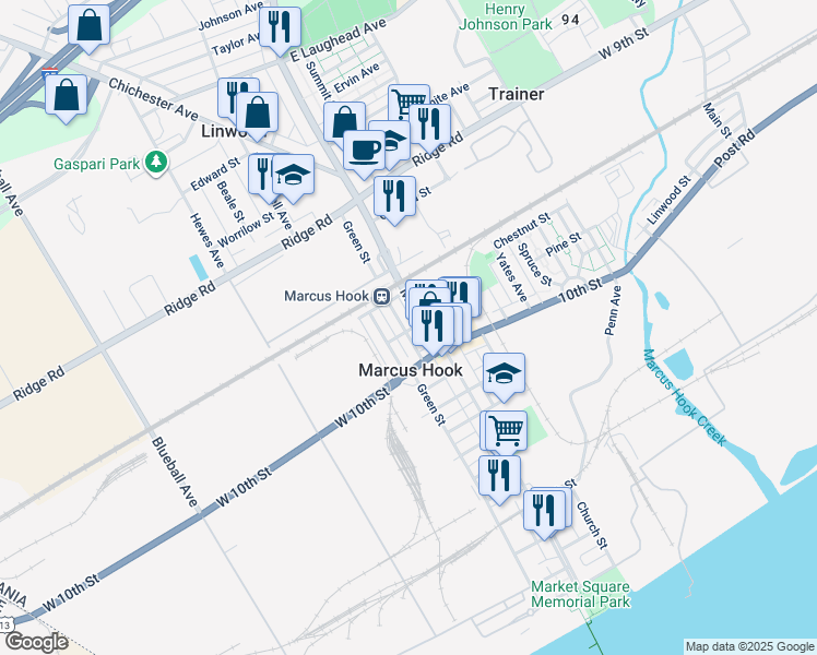 map of restaurants, bars, coffee shops, grocery stores, and more near 1113 Washington Ave in Marcus Hook