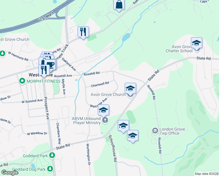 map of restaurants, bars, coffee shops, grocery stores, and more near 6 Arbor Court in West Grove