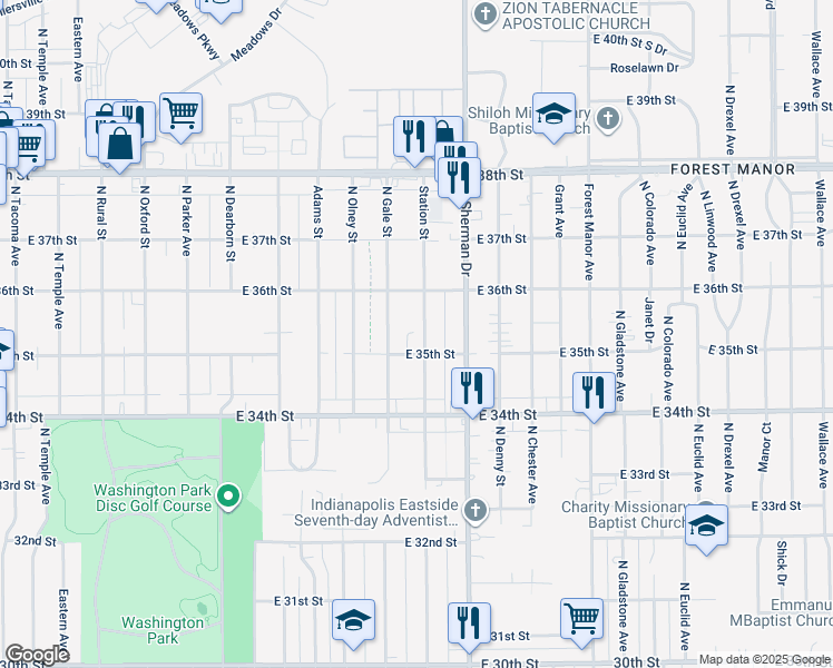 map of restaurants, bars, coffee shops, grocery stores, and more near 3520 Station Street in Indianapolis