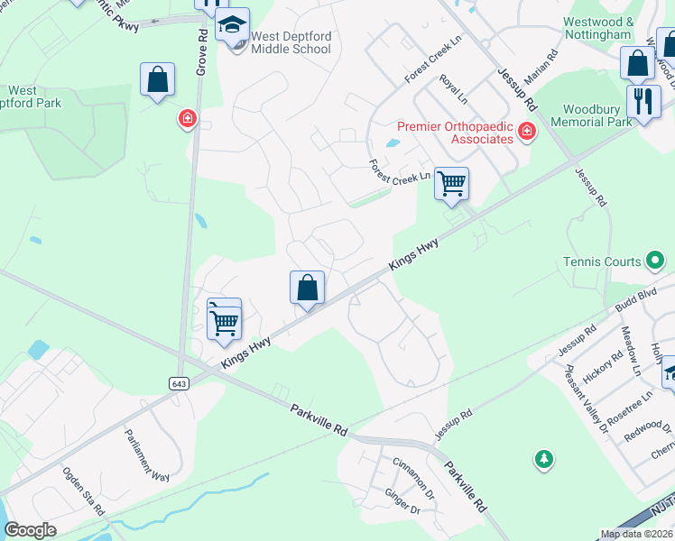 map of restaurants, bars, coffee shops, grocery stores, and more near 1000 Buckingham Drive in West Deptford