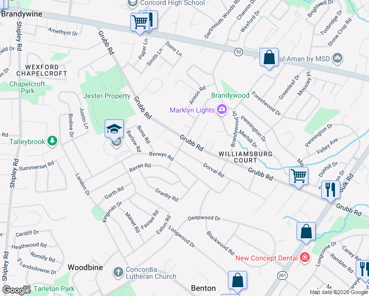 map of restaurants, bars, coffee shops, grocery stores, and more near 2421 Dorval Road in Wilmington
