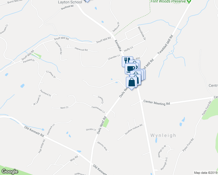 map of restaurants, bars, coffee shops, grocery stores, and more near 19 Owls Nest Road in Wilmington
