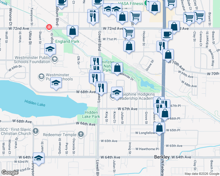 map of restaurants, bars, coffee shops, grocery stores, and more near 3485 West 68th Avenue in Denver