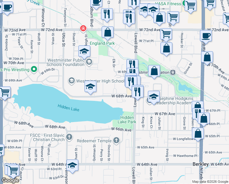 map of restaurants, bars, coffee shops, grocery stores, and more near 3791 West 68th Avenue in Westminster