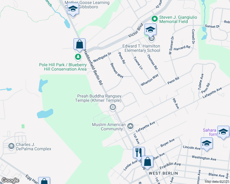 map of restaurants, bars, coffee shops, grocery stores, and more near 3 Devonshire Drive in Voorhees Township