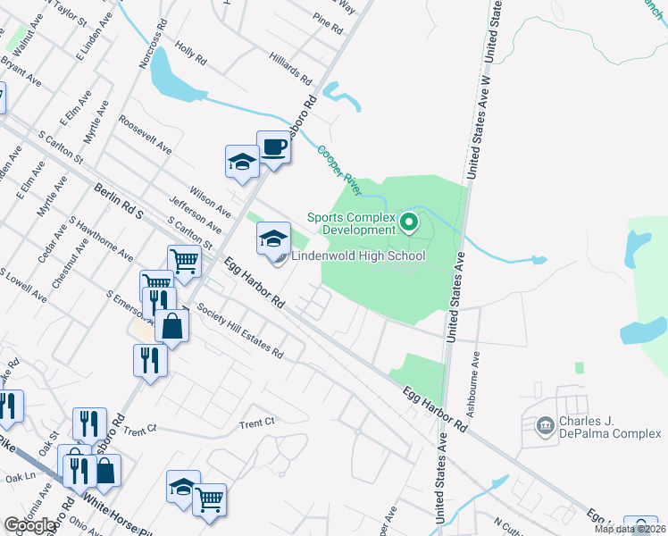 map of restaurants, bars, coffee shops, grocery stores, and more near 199 Colonial Square Place in Lindenwold