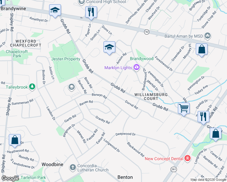 map of restaurants, bars, coffee shops, grocery stores, and more near 2421 Dorval Road in Wilmington