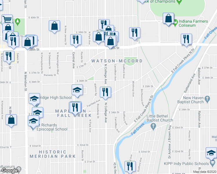 map of restaurants, bars, coffee shops, grocery stores, and more near 3534 North College Avenue in Indianapolis