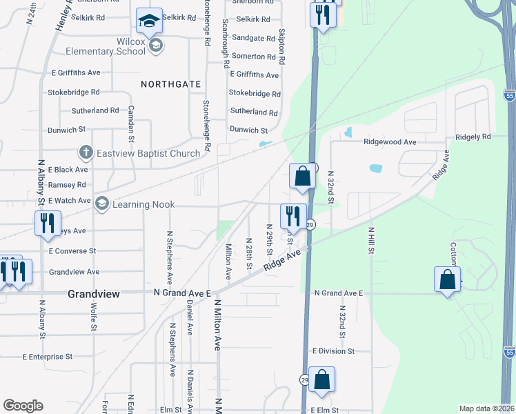 map of restaurants, bars, coffee shops, grocery stores, and more near 2798 East Keys Avenue in Grandview