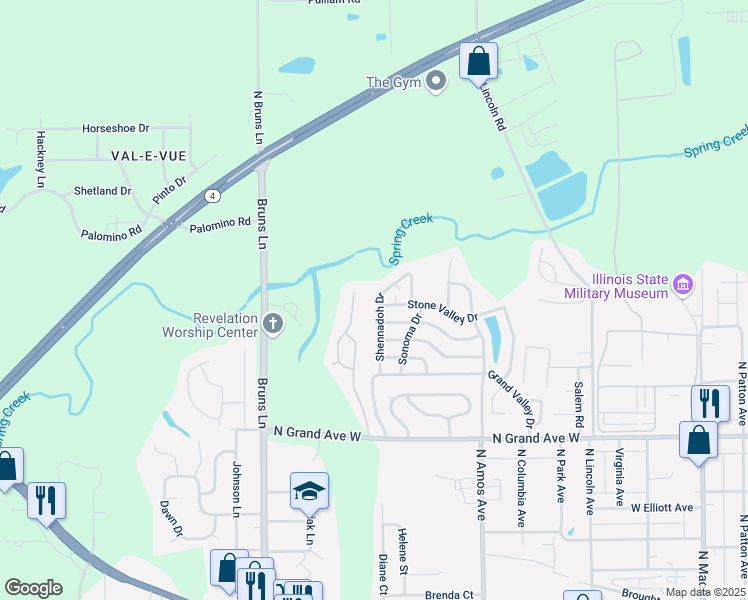 map of restaurants, bars, coffee shops, grocery stores, and more near 21 Stone Valley Drive in Springfield