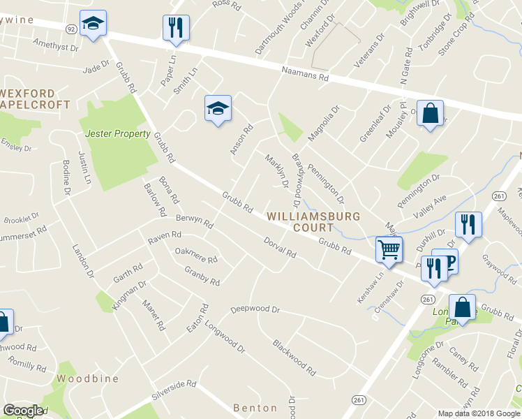 map of restaurants, bars, coffee shops, grocery stores, and more near 2 Windy Road in Wilmington