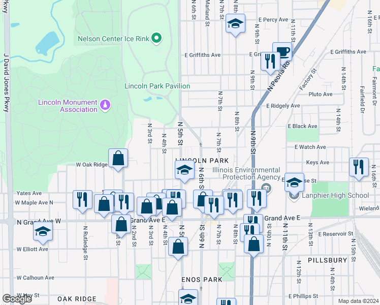 map of restaurants, bars, coffee shops, grocery stores, and more near 1400 North 5th Street in Springfield
