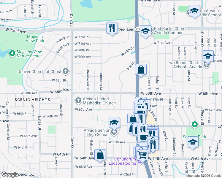 map of restaurants, bars, coffee shops, grocery stores, and more near 6830 Allison Street in Arvada