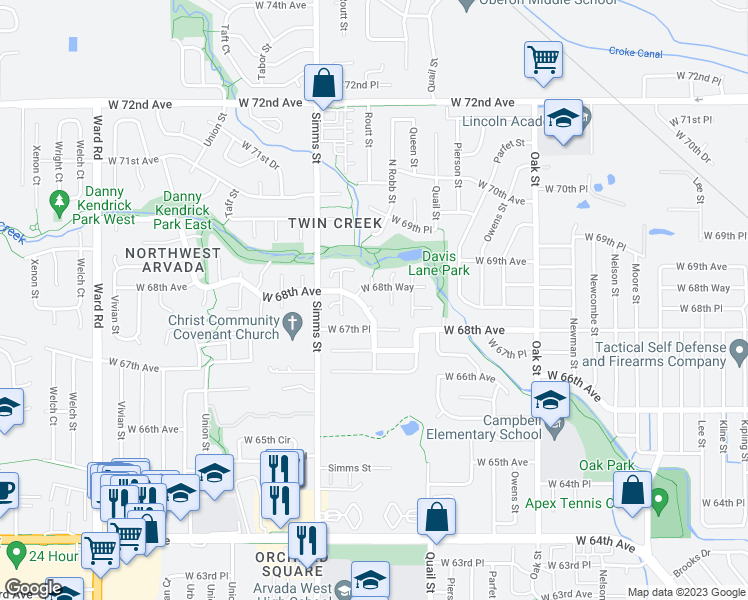 map of restaurants, bars, coffee shops, grocery stores, and more near 11455 68th Avenue in Arvada