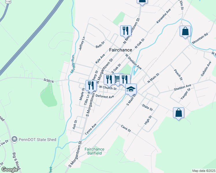 map of restaurants, bars, coffee shops, grocery stores, and more near 98 West Church Street in Smithfield
