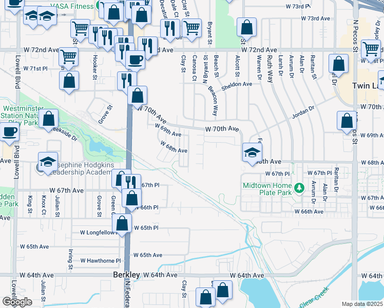 map of restaurants, bars, coffee shops, grocery stores, and more near 6770 Canosa Street in Denver