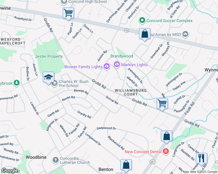 map of restaurants, bars, coffee shops, grocery stores, and more near 2 Windy Road in Wilmington