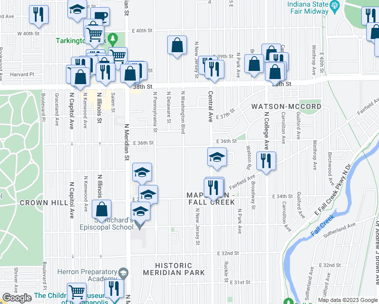 map of restaurants, bars, coffee shops, grocery stores, and more near 3551 North Washington Boulevard in Indianapolis
