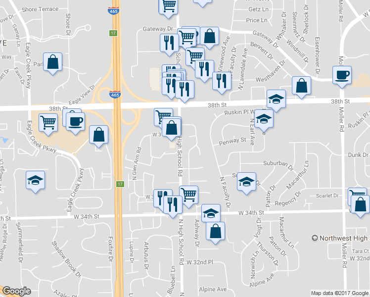 map of restaurants, bars, coffee shops, grocery stores, and more near 3614 Ashway Drive in Indianapolis
