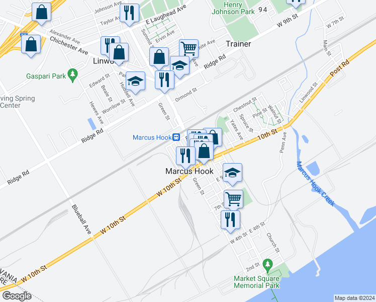 map of restaurants, bars, coffee shops, grocery stores, and more near 1101 Washington Avenue in Marcus Hook