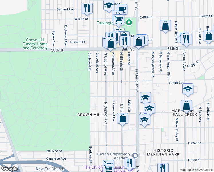 map of restaurants, bars, coffee shops, grocery stores, and more near 3543 North Capitol Avenue in Indianapolis