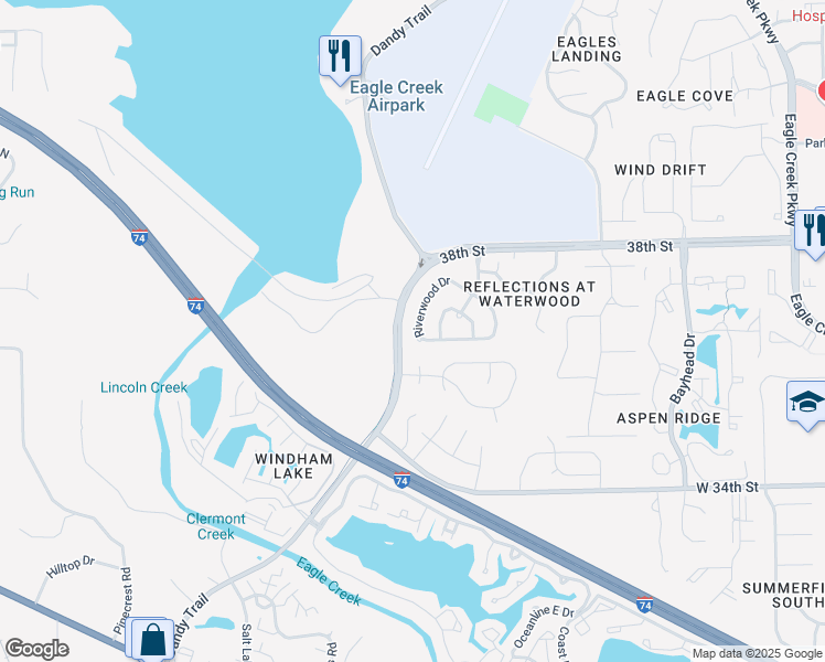 map of restaurants, bars, coffee shops, grocery stores, and more near 3670 Riverwood Drive in Indianapolis