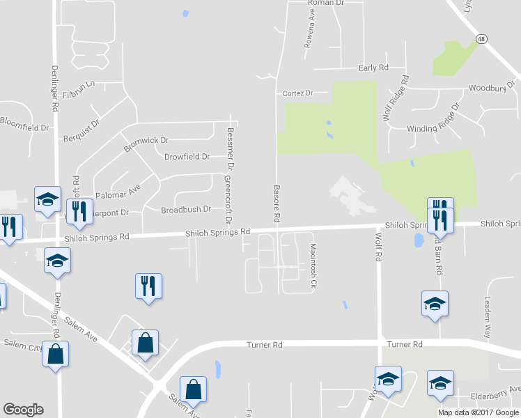 map of restaurants, bars, coffee shops, grocery stores, and more near 5075 Basore Road in Dayton