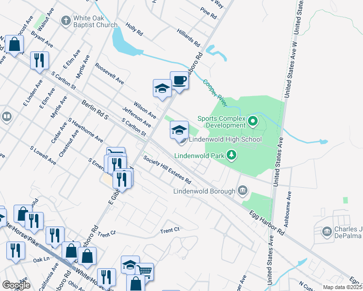 map of restaurants, bars, coffee shops, grocery stores, and more near 801 Egg Harbor Road in Lindenwold