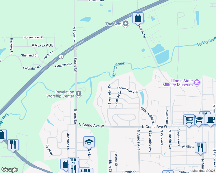 map of restaurants, bars, coffee shops, grocery stores, and more near 21 Stone Valley Drive in Springfield