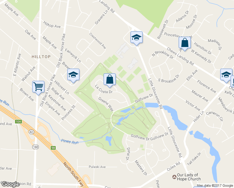 map of restaurants, bars, coffee shops, grocery stores, and more near 47 La Costa Drive in Camden County