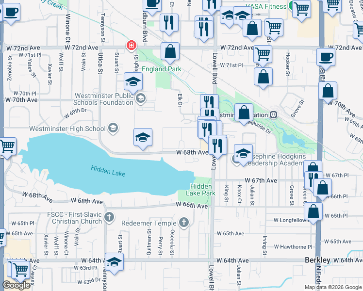 map of restaurants, bars, coffee shops, grocery stores, and more near 3791 West 68th Avenue in Westminster