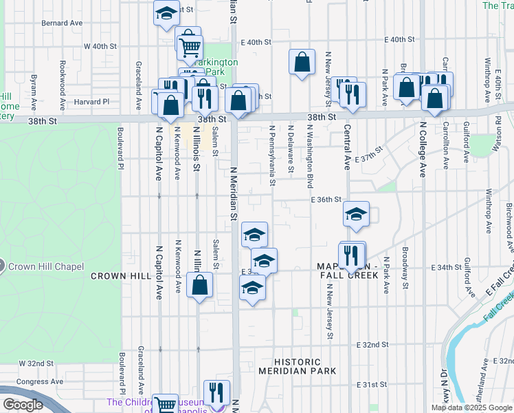 map of restaurants, bars, coffee shops, grocery stores, and more near 3540 North Pennsylvania Street in Indianapolis
