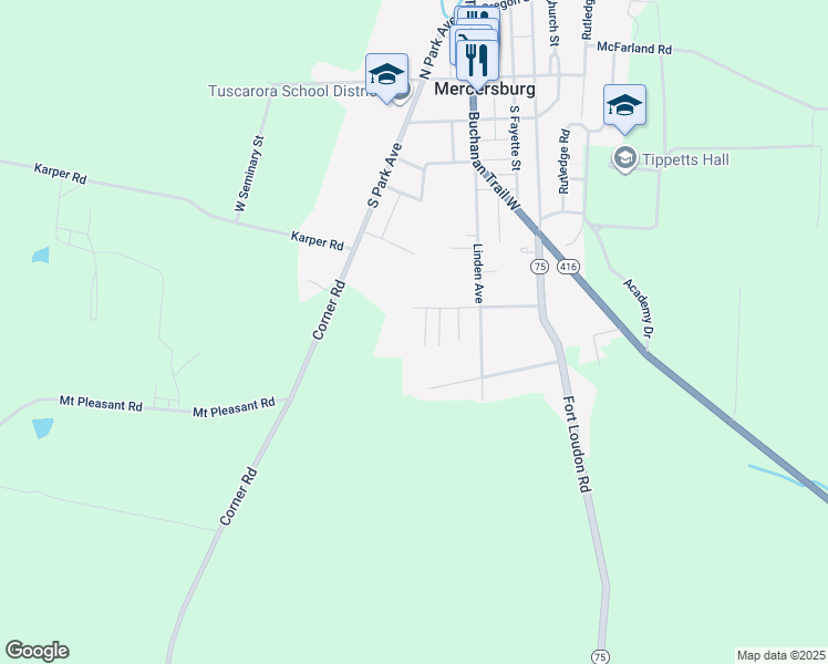 map of restaurants, bars, coffee shops, grocery stores, and more near 5 Bennett Avenue in Mercersburg