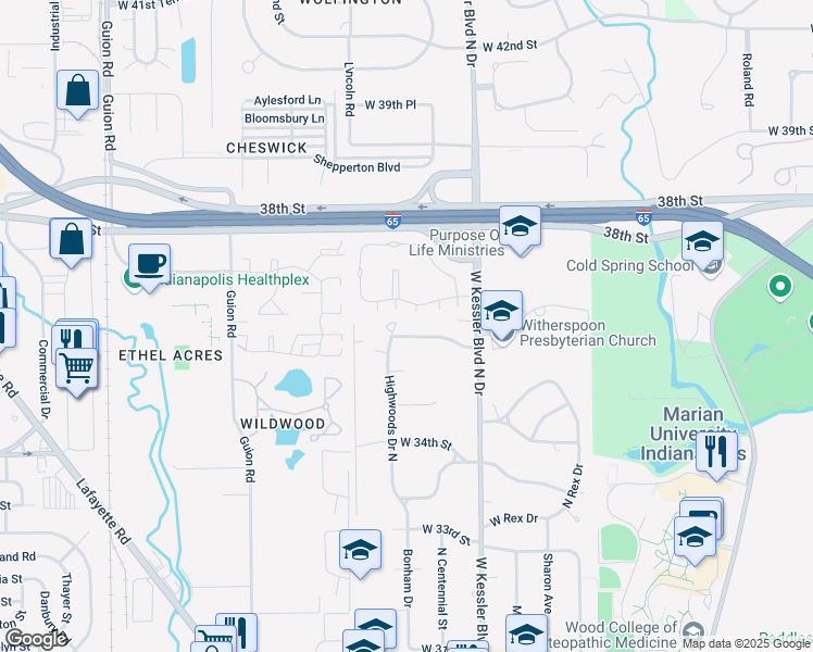 map of restaurants, bars, coffee shops, grocery stores, and more near 3230 Arundel Lane in Indianapolis