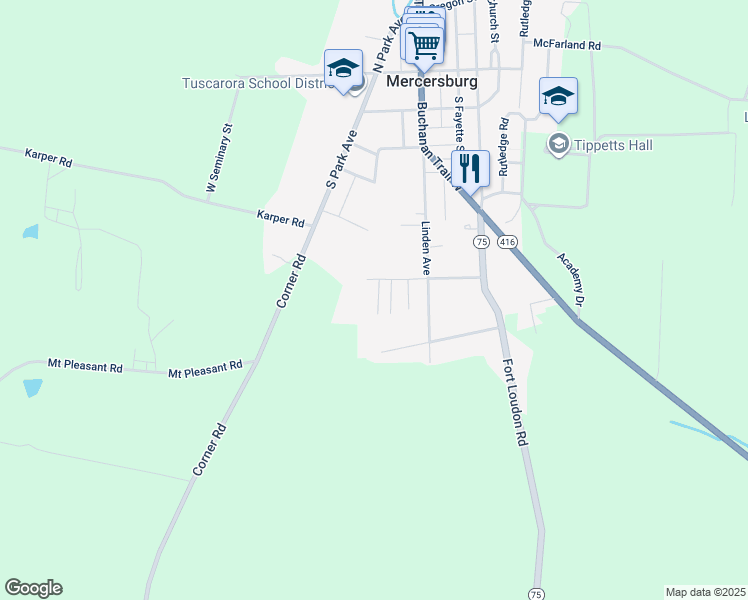 map of restaurants, bars, coffee shops, grocery stores, and more near 5 Bennett Avenue in Mercersburg