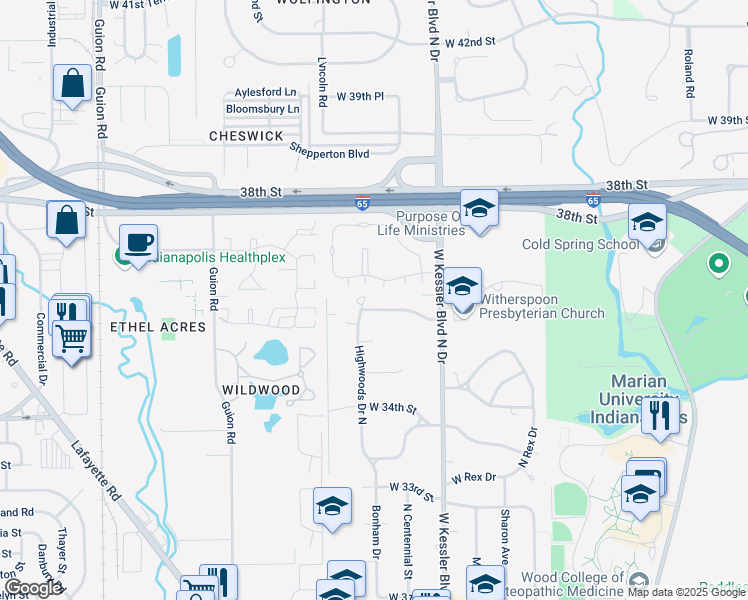 map of restaurants, bars, coffee shops, grocery stores, and more near 3230 Arundel Lane in Indianapolis