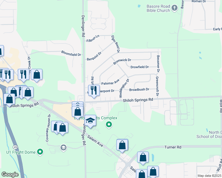map of restaurants, bars, coffee shops, grocery stores, and more near 4725 Pierpont Drive in Dayton