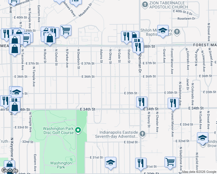 map of restaurants, bars, coffee shops, grocery stores, and more near 3514 North Olney Street in Indianapolis