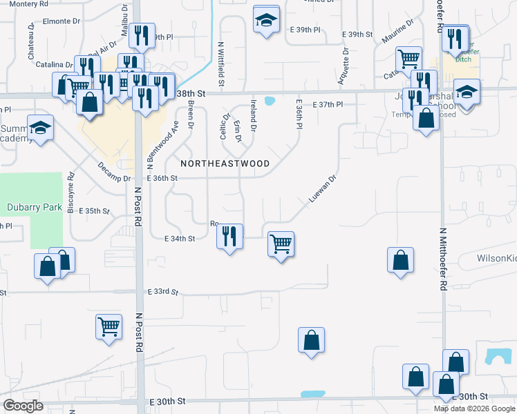 map of restaurants, bars, coffee shops, grocery stores, and more near 3520 Luewan Court in Indianapolis