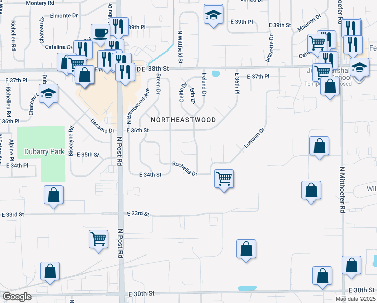 map of restaurants, bars, coffee shops, grocery stores, and more near 3478 Hermosa Court in Indianapolis