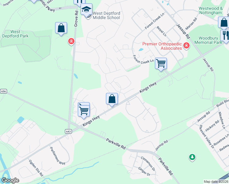 map of restaurants, bars, coffee shops, grocery stores, and more near 1000 Buckingham Drive in West Deptford
