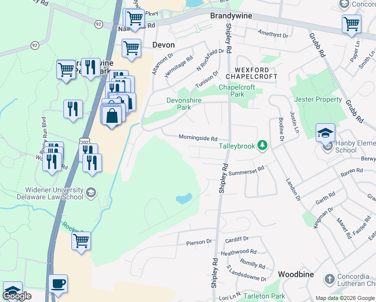 map of restaurants, bars, coffee shops, grocery stores, and more near 108 Chapelcrest Lane in Wilmington