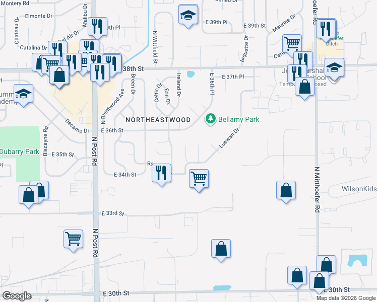 map of restaurants, bars, coffee shops, grocery stores, and more near 3520 Luewan Court in Indianapolis
