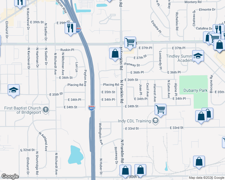map of restaurants, bars, coffee shops, grocery stores, and more near 7926 East 35th Street in Indianapolis