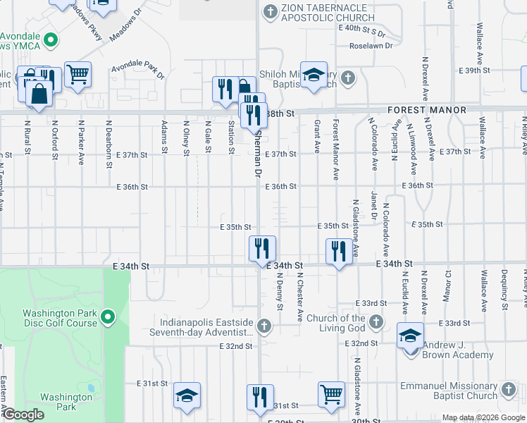 map of restaurants, bars, coffee shops, grocery stores, and more near 3516 North Sherman Drive in Indianapolis
