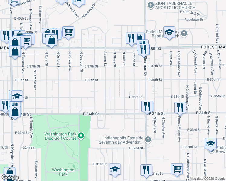 map of restaurants, bars, coffee shops, grocery stores, and more near 3514 North Olney Street in Indianapolis