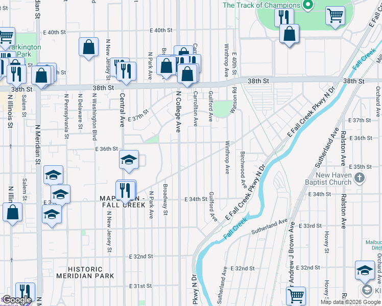 map of restaurants, bars, coffee shops, grocery stores, and more near 3531 Carrollton Avenue in Indianapolis