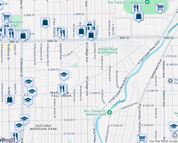 map of restaurants, bars, coffee shops, grocery stores, and more near 3534 North College Avenue in Indianapolis
